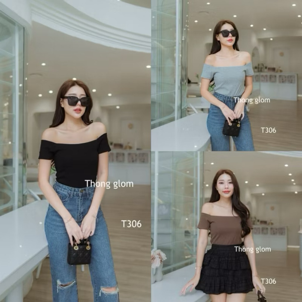 T306 New arrival เสื้อครอปปาดไหล่แขนสั้น ทรงสวยน่ารักใส่ได้บ่อย
