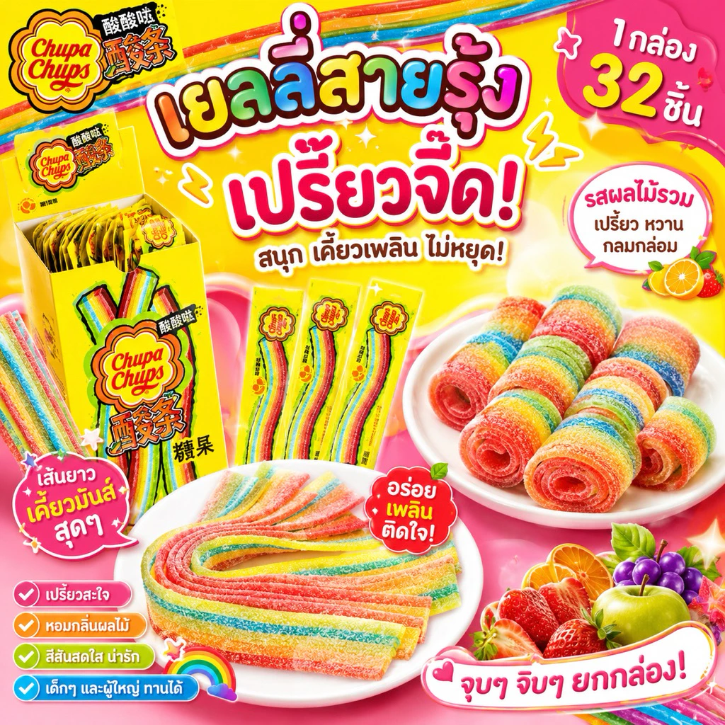 🍡🍡เยลลี่สายรุ้ง เรนโบว์เปรี้ยว จูปาจุ๊บ😘 ยกกล่อง 32 ชิ้น 🍭🍭