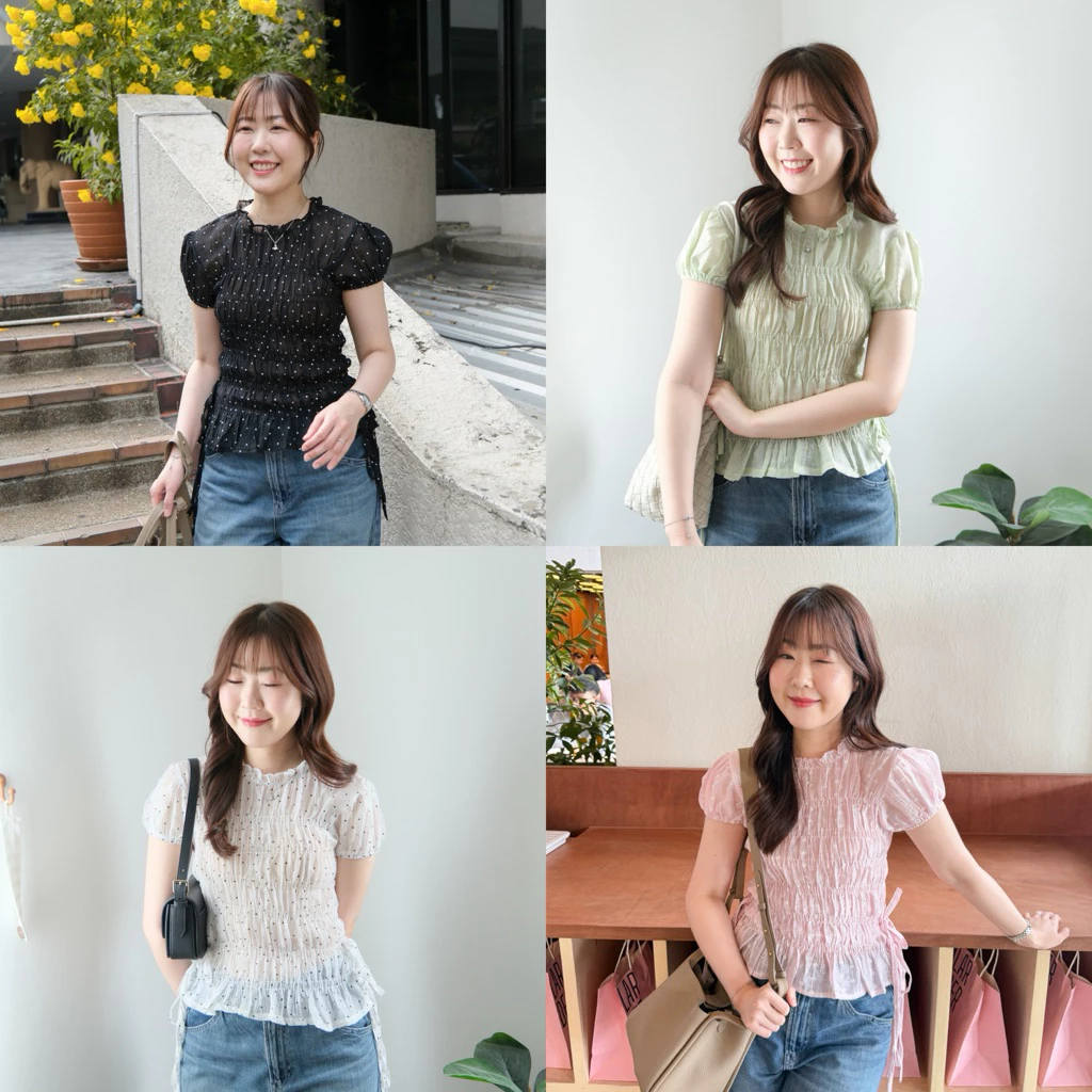 (ผ้าลายใหม่)Wendy top🌬️Chakiya.store❣️เสื้อคอกลม สม็อคช่วงตัว แต่งโบว์ผูกช่วงเอว