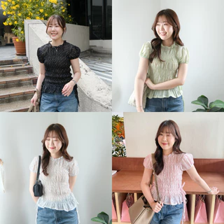 (ผ้าลายใหม่)Wendy top🌬️Chakiya.store❣️เสื้อคอกลม สม็อคช่วงตัว แต่งโบว์ผูกช่วงเอว