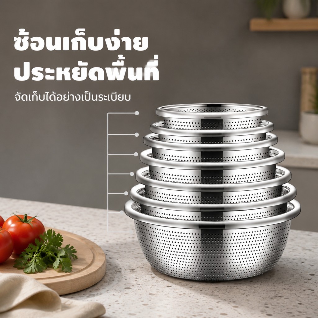 [COD]ชุดชามสแตนเลส 304 หนาแบบใหม่ 20-32 ซม. มีรู สำหรับล้างผักและข้าว สะดวกในการกรองน้ำ
