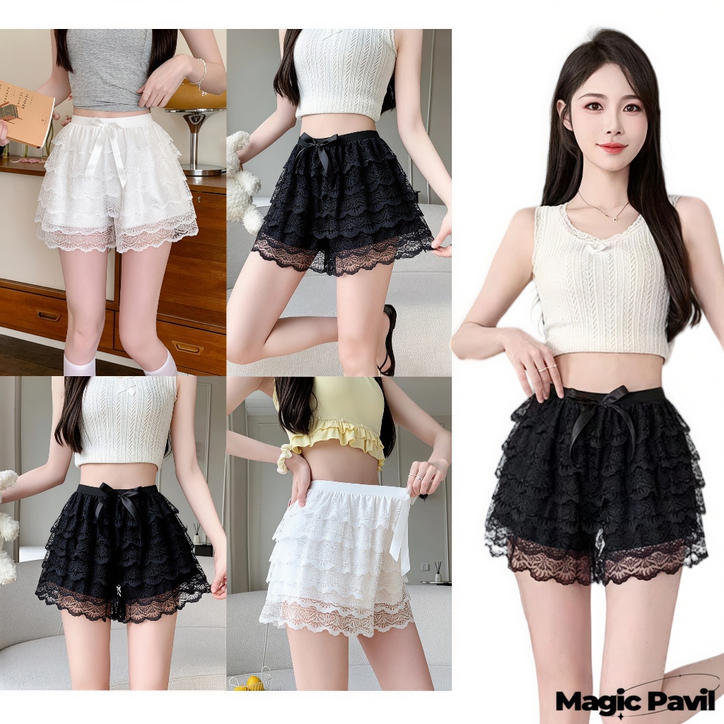 【Magic】พร้อมส่ง | กางเกงขาสั้นผู้หญิง ผ้าลูกไม้ ทรงเอ แต่งระบายหลายชั้น กางเกงขาสั้นเอวสูง สไตล์เกาหลี ใส่เที่ยว' KK103