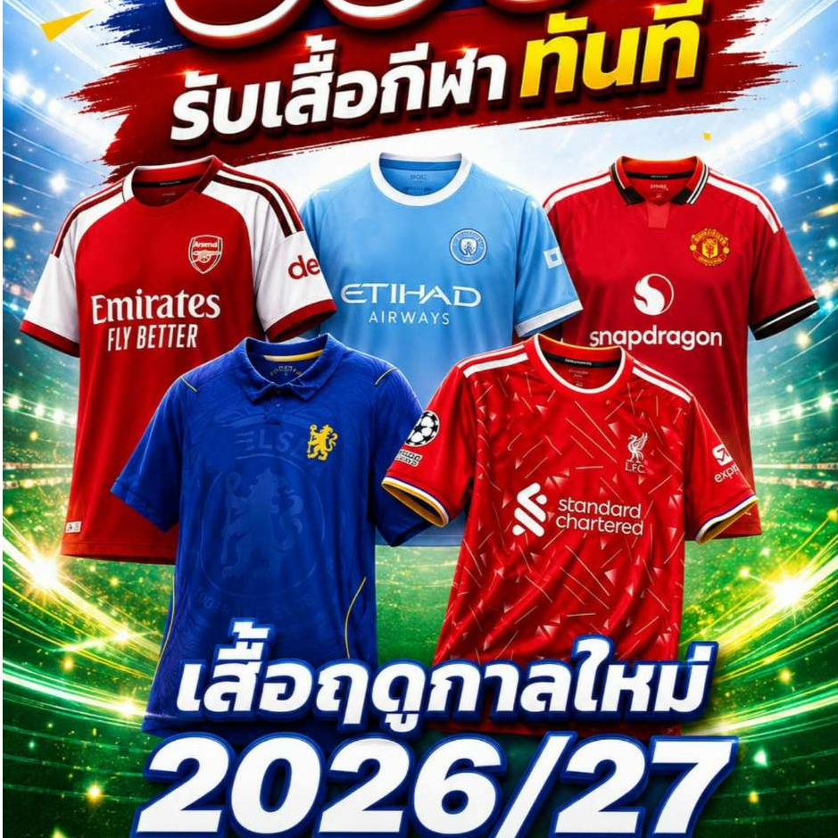 เสื้อบอลรุ่นใหม่ล่าสุดปี 2026 2027 (เสื้อพร้อม+กางเกง) FULL option ติดอาร์มครบเนื้อผ้านุ่มนิ่มใส่สบา