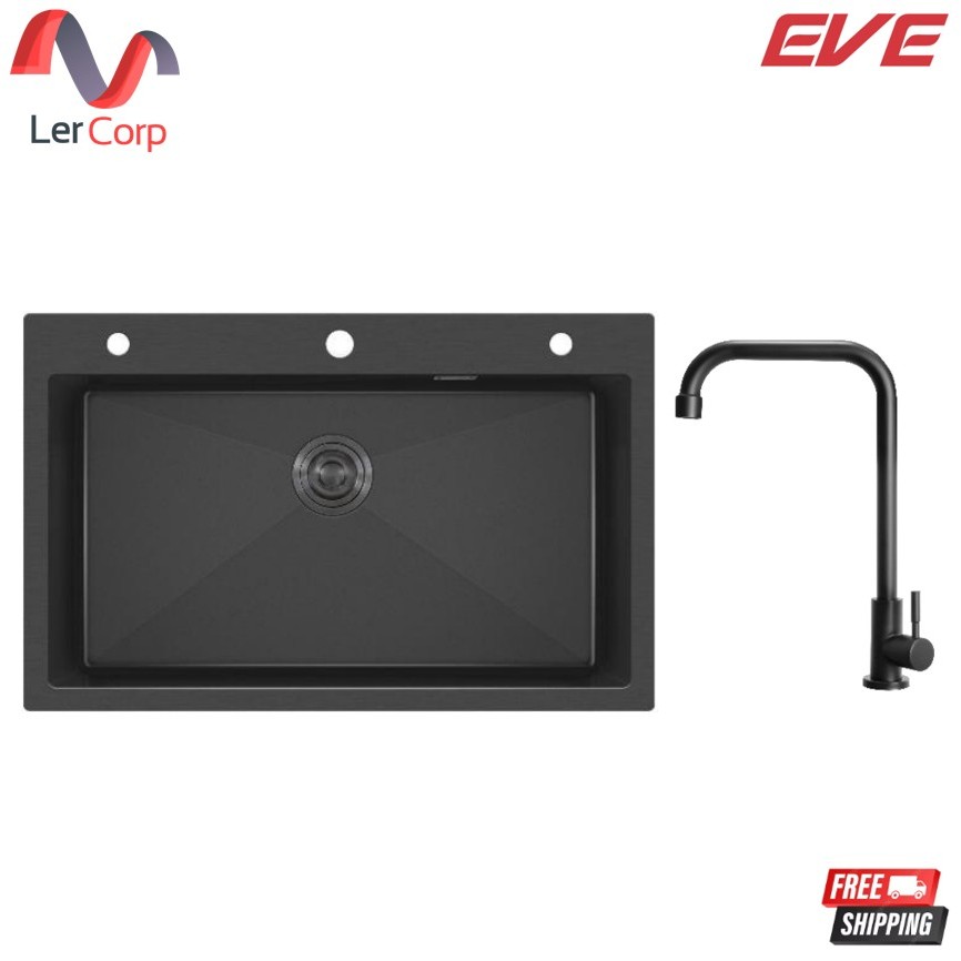(Eve) ซิงค์ล้างจานสแตนเลส 1 หลุม 81 x 51 ซม. สีดำด้าน Matte Black รุ่น LUNA 810/510 แถมฟรี ก๊อกน้ำ ANGULAR