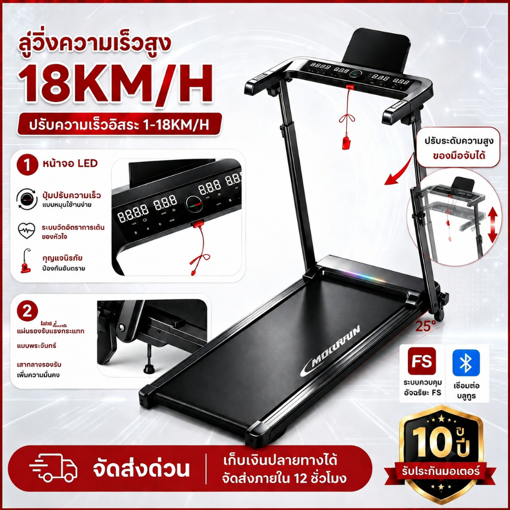 ลู่วิ่งไฟฟ้า B3 Treadmill 5.0 แรงม้า ลู่วิ่งพับได้ ปรับความเร็ว 18 ระดับ ปรับความชัน 4 ระดับ ปรับความสูงราวจับได้ง่าย