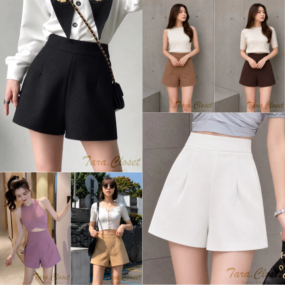 PW001 TARA Short pants กางเกงขาสั้น เอวสูง มีขอบเอว ตีเกร็ดหน้า ไม่มีกระเป๋าข้าง เนื้อผ้าวูลเวฟ ผ้ายืด ใส่สบาย