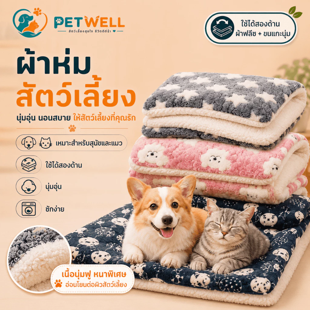 เบาะนอนสัตว์เลี้ยง PETWELL ขนนุ่มหนา อบอุ่น ซักได้ ใช้เป็นแผ่นรองนอนหรือผ้าห่ม สำหรับแมวและสุนัข