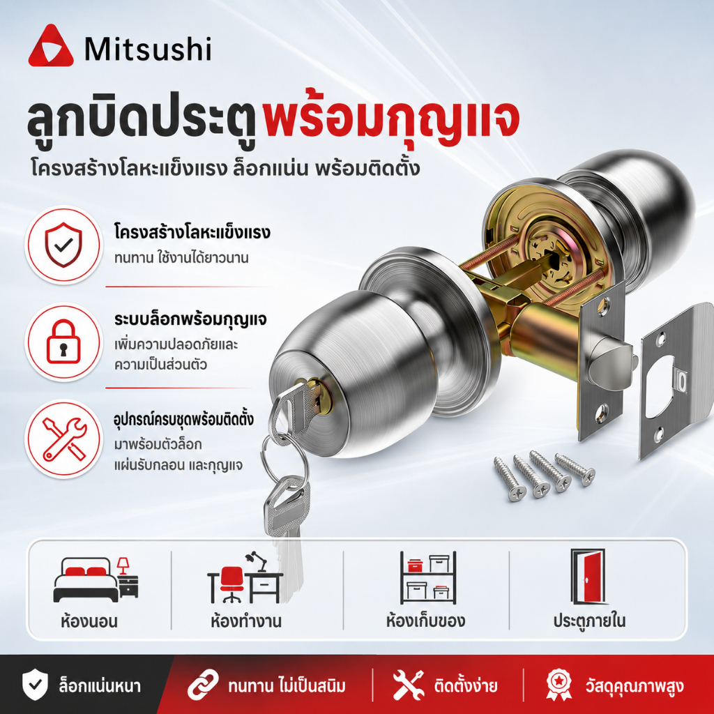 Mitsushi ลูกบิดประตูพร้อมกุญแจ ลูกบิดประตูสแตนเลส แข็งแรง ทนสนิม พร้อมอุปกรณ์ติดตั้ง ลูกบิดก้านโยก