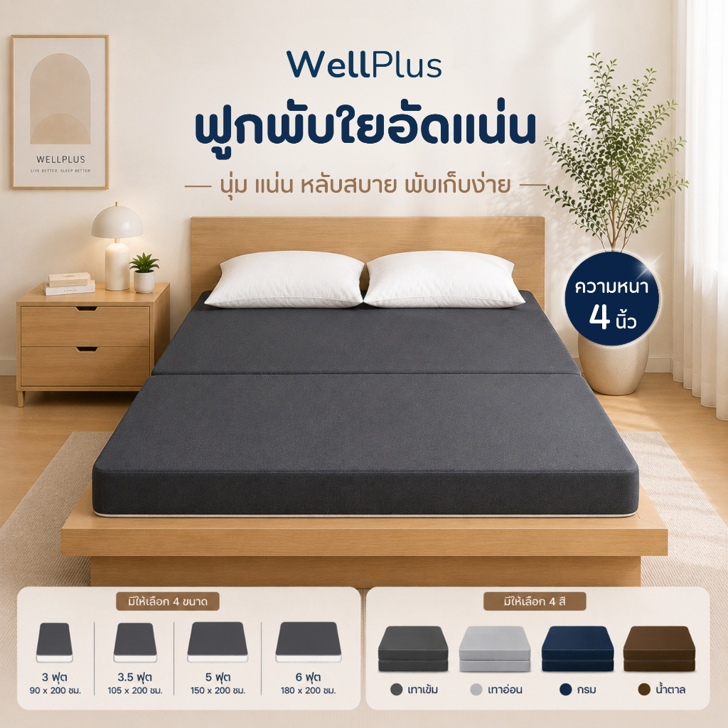 WellPlus ฟูกที่นอน ใยอัดแน่น พับครึ่งเก็บได้ หนา 3.5 นิ้ว นุ่มแน่น รองรับน้ำหนักดี พับเก็บง่าย ประหยัดพื้นที่