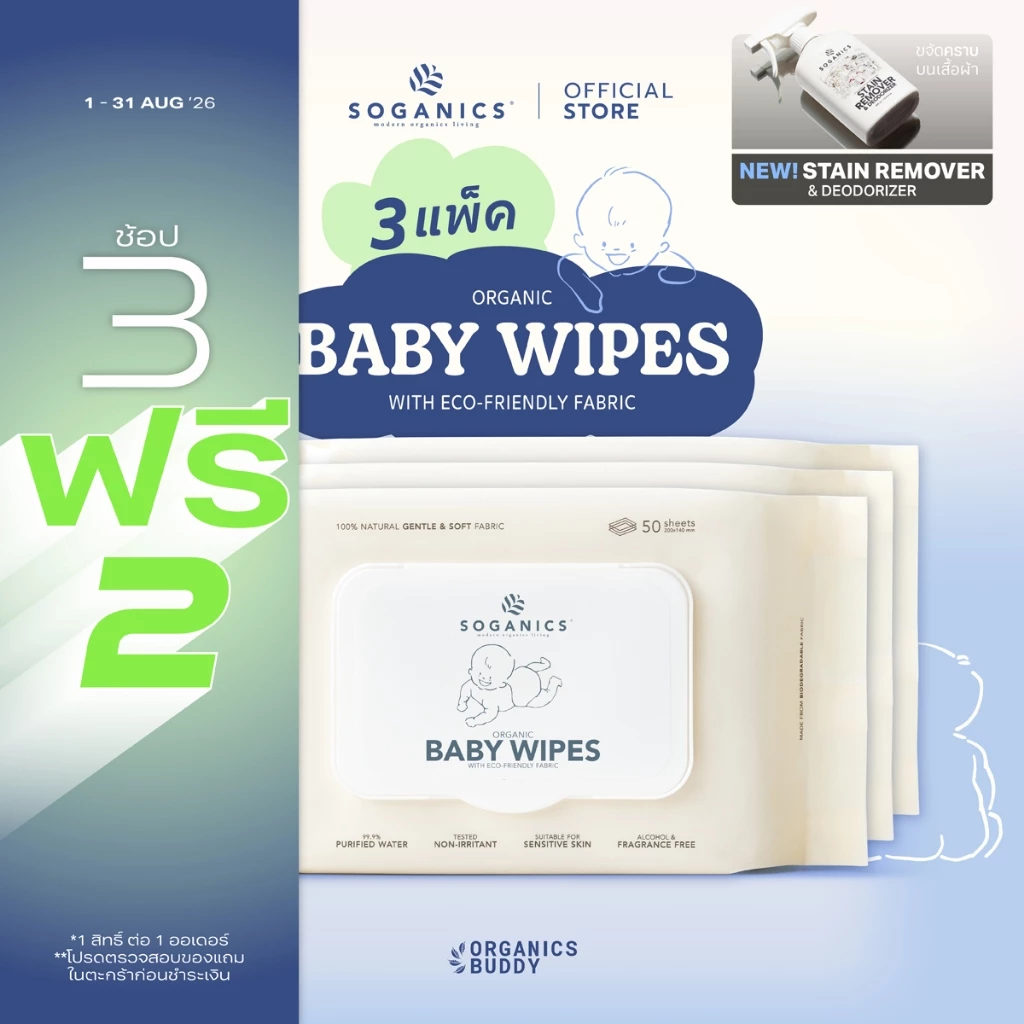 [3 แพ็ค] SOGANICS Organic Baby Wipes (50 Sheets) คุ้มสุด ทิชชู่เปียก ผ้านุ่มละมุนจากใยธรรมชาติ 100%