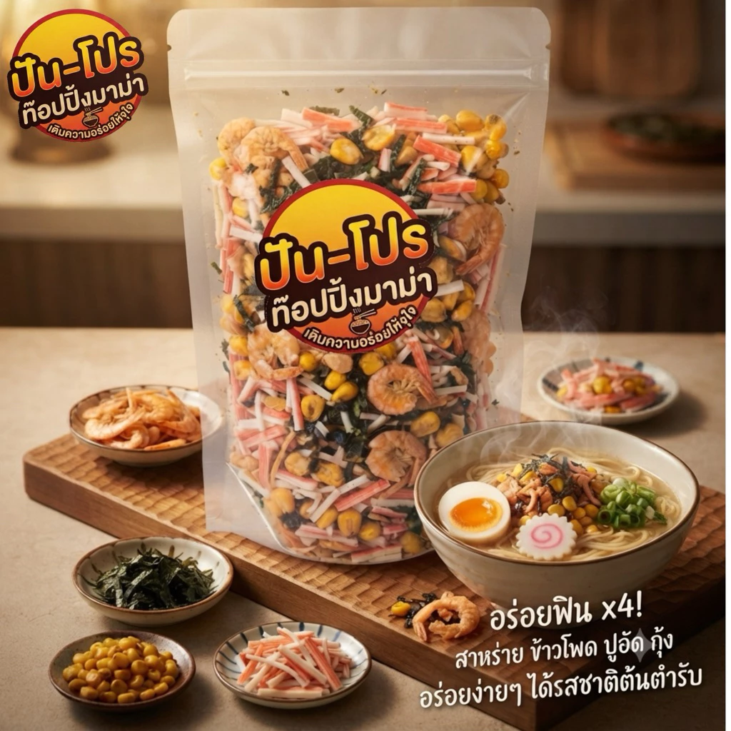 [130g.] ใหม่! ปัน-โปร ท๊อปปิ้งมาม่า ผสมสาหร่ายเส้น+กุ้งเบาอบกรอบ+ปูอัดแท่งอบ+ข้าวโพด 4สหายความอร่อย เติมมาม่า ราเมง โจ๊ก