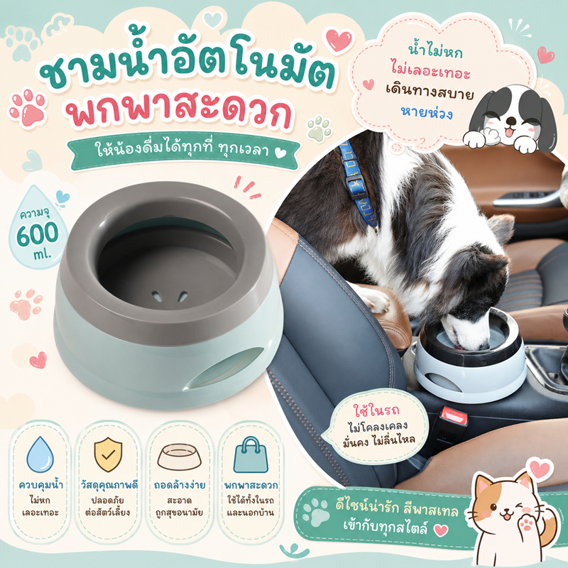 ชามเลียน้ำ แบบพกพา กันหก กันเศษอาหาร ชามกันน้ำหก บรรจุน้ำได้ 1.5 ลิตร ที่ให้น้ำ สำหรับสัตว์เลี้ยง