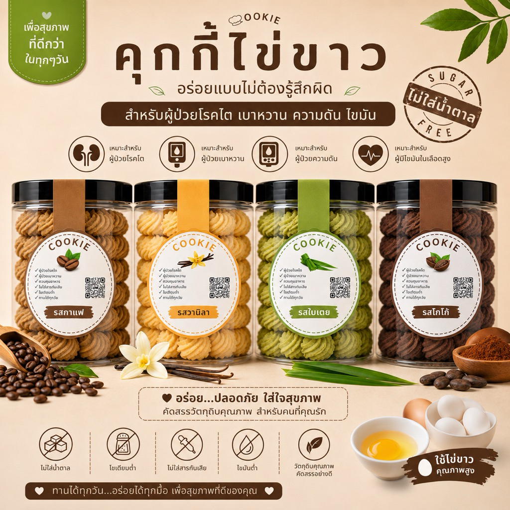 คุกกี้ไข่ขาว 100% ขนมโฮมเมดเพื่อสุขภาพ ที่คิดค้นมาเพื่อ ผู้ป่วยโรคไต, เบาหวาน และสายคลีนโดยเฉพาะ