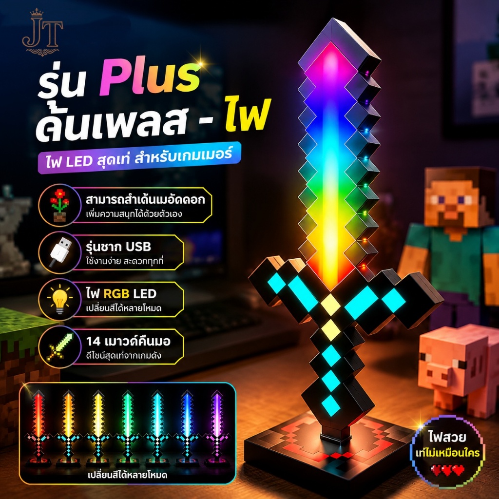 ดาบเพชรเรืองแสง Minecraft โคมไฟ LED RGB 14 สี ชาร์จ USB ได้ ของแต่งห้องเกมเมอร์ ไฟตกแต่งโต๊ะ Gaming ของขวัญวันเกิด