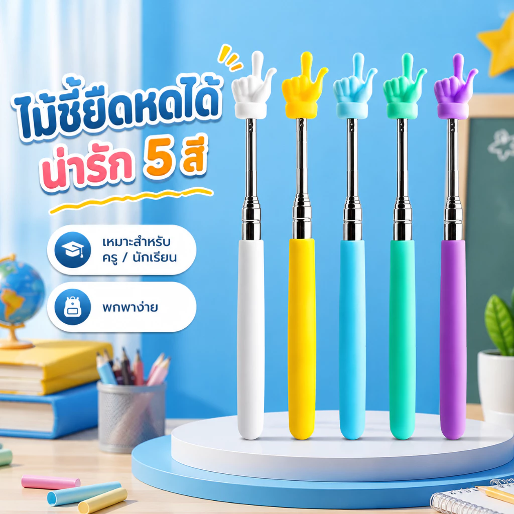 ไม้ชี้นิ้วมือ แบบยืดหดได้ ไม้สอนหนังสือ อุปกรณ์ช่วยสอนสำหรับครู ชี้ไวท์บอร์ด ห้องเรียน โรงเรียนอนุบาล