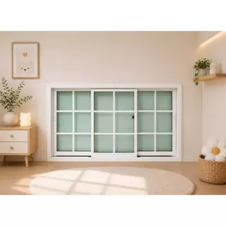 หน้าต่างบานเลื่อน 3 ช่อง 109x150cm.[ลายโมเดิร์น][ถูกสวยดีมีคุณภาพ][ล็อกซ้าย-ขวา][วงกบขอบใหญ่][สินค้าคุณภาพราคาถูก]