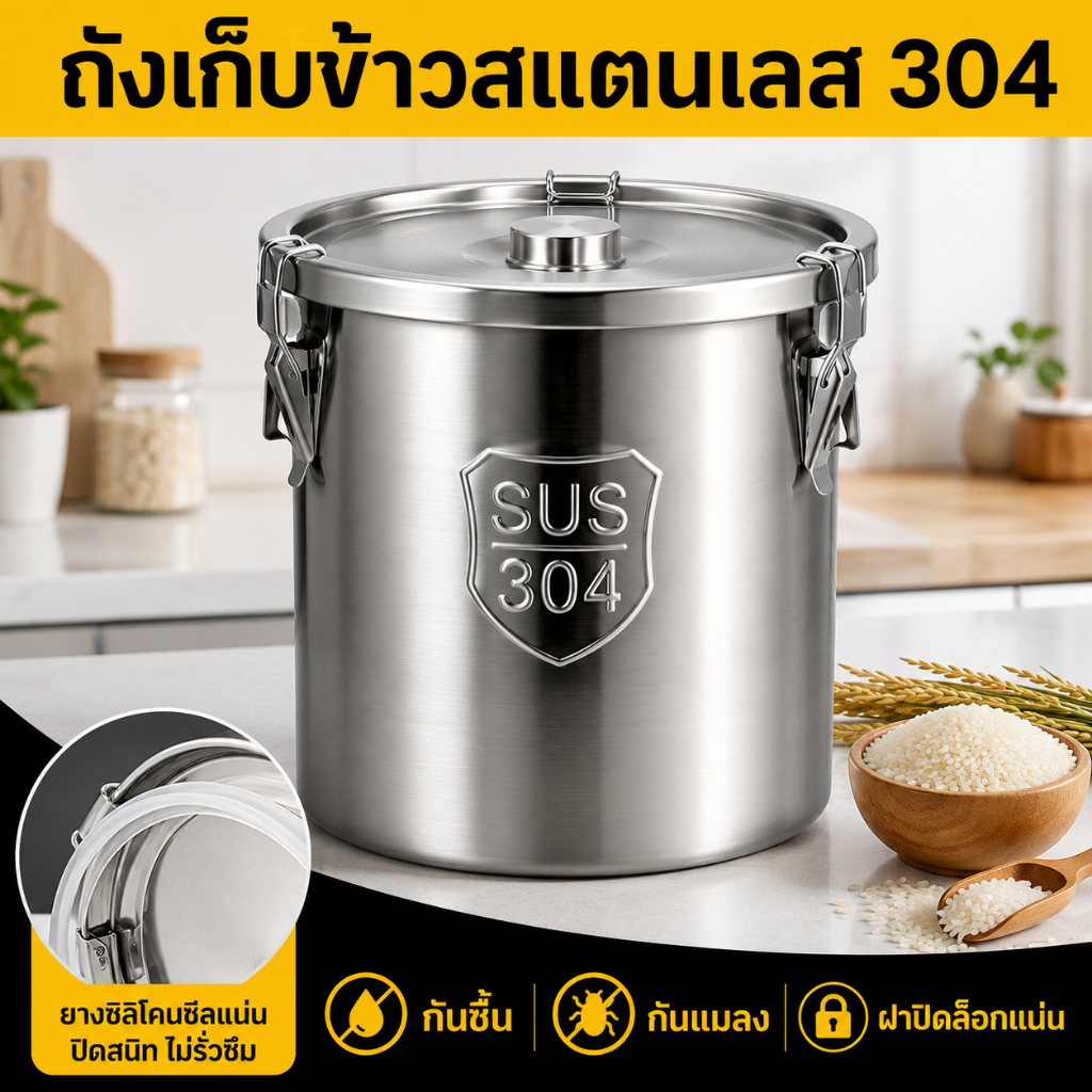 ถังเก็บข้าวสารสเตนเลส 304 ถังเก็บอาหารแห้ง ฝาล็อกซีลแน่น กันมดกันแมลง กันชื้น สำหรับข้าวสาร แป้ง ธัญพืช