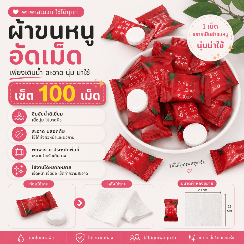 CMJ-04【100เม็ด】ผ้าขนหนูอัดเม็ด Cotton ผ้าอเนกประสงค์ แผ่นมาส์กหน้าอัดเม็ด แบบใช้แล้วทิ้ง ขนาด 18x20 ซม.