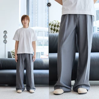 NORMAL.DAY BAGGY TROUSERS V.2 (ลายริ้ว)กางเกงทรงกระบอกใหญ่ ผู้ชาย ผ้าหนานุ่ม ยับยากรีดง่าย อยู่ทรงมีน้ำหนัก สำหรับคนสูง