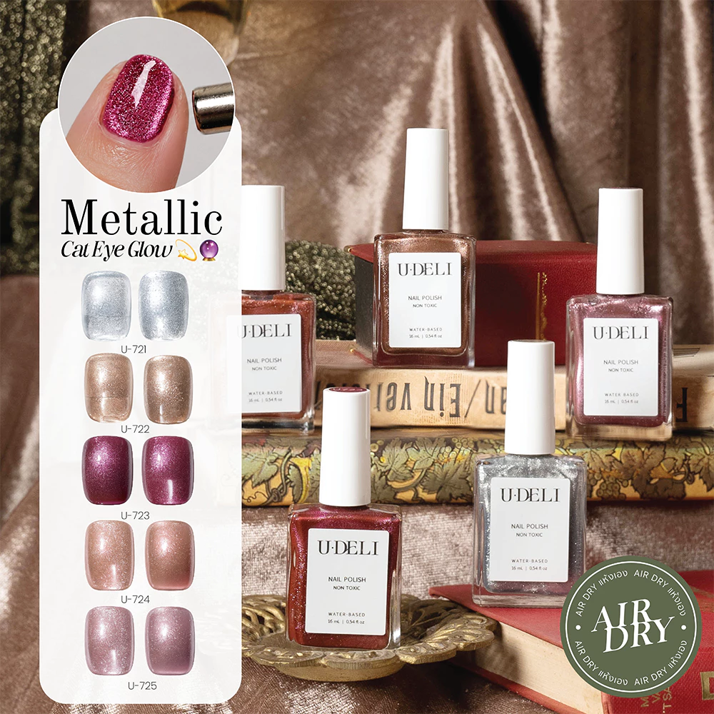 สีเมทัลลิคแคทอาย (ไม่อบ) U-DELI Metallic Cat Eye Vegan สีลูกแก้ว สีทาเล็บกึ่งเจล U721-U725 Group