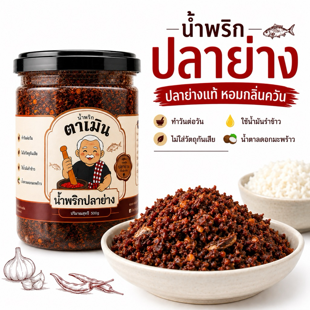 น้ำพริกปลาย่างแท้ สูตรตาเมิน หอมกลิ่นควัน รสกลมกล่อม หวานน้อย ใช้น้ำมันรำข้าว