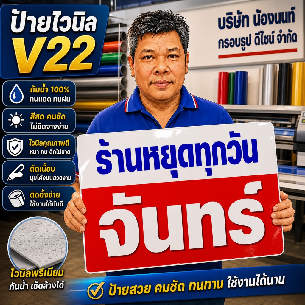 ป้ายไวนิล ป้ายวันหยุด  (V22) ป้ายร้านหยุดวันจันทร์ ,อังคาร, พุธ ,พฤหัส ,ศุกร์, เสาร์ ,อาทิตย์