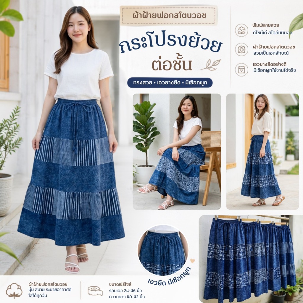 กระโปรงต่อชั้น ผ้าฝ้ายฟอกสโตนวอช