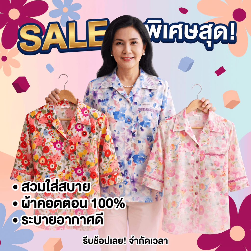 ลดพิเศษ! ส่งฟรี เสื้อลายดอกคนแก่แต่งลูกไม้ มีกระเป๋า สำหรับผู้สูงวัยอายุ55+ปี เนื้อผ้าเบา ใส่สบาย เนื้อผ้านิ่ม งานไทย