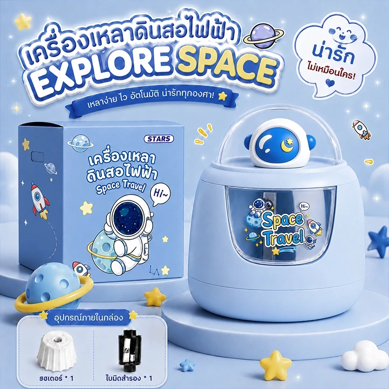 ❤เครื่องกบเหลาดินสอไฟฟ้า กบเหลาดินสออัตโนมัติ กล่องใส 3 วินาทีให้เสร็จ รุ่นใช้แบตเตอรี่ พร้อมหัวตุ๊กตาสุดน่ารัก