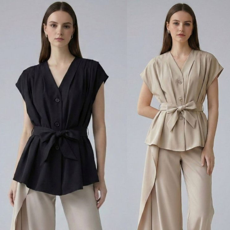 Ramsita Medison Top (loose fit) เสื้อตัวหลวมตัวปล่อย ตีเกร็ดไหล่ โบว์ผูกเอว เสื้อผู้หญิง เสื้อทำงาน เสื้อใส่ไปงาน