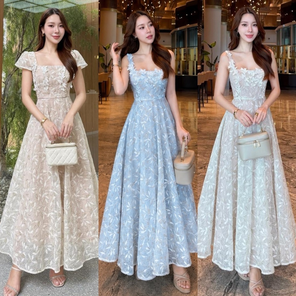 🚩ร้านโค้ดคุ้ม🚩 Abigail เดรสลูกไม้ปักลาย โทนครีมอมเบจ ลุคหรูหรา ดูแพง ใส่เที่ยว ออกงาน ออกเดท งานบุญ