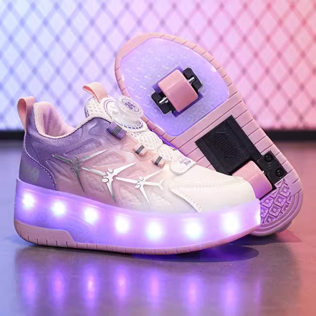 รองเท้าล้อเด็กสองล้อ LED กระพริบ หดได้ ผ้าใบ Unisex ไซส์ 29-38 สาวเด็กใช้ได้ทุกคน มั่นคงปลอดภัย ใช้งานง่าย