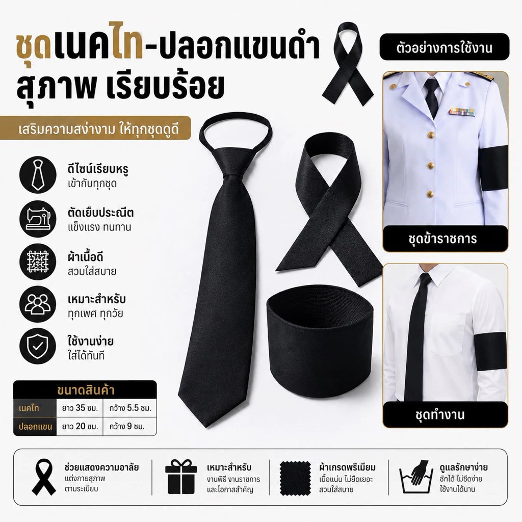 เนคไทดำ เนคไท ปลอกแขนดำ ริบบิ้น ผ้ากำมะหยี่ ไว้ทุกข์ สีดำสุภาพ เรียบร้อย