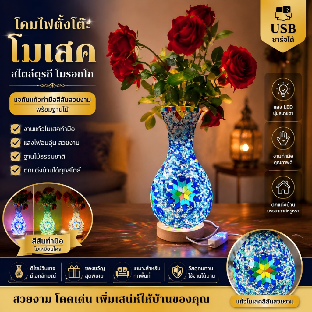 โคมไฟโมเสคตุรกี แจกันแก้วสีแฮนด์เมด โคมไฟตั้งโต๊ะสไตล์โมร็อกโก ฐานไม้ ตกแต่งบ้าน ใส่ดอกไม้ได้