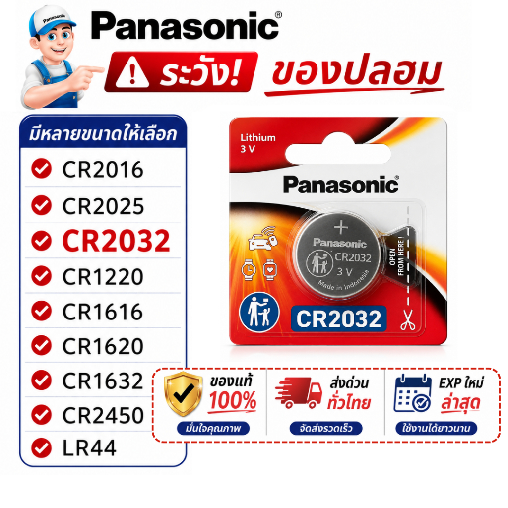 ถ่านกระดุม Panasonic แท้ 3V หลายขนาด CR2032 CR2025 CR2016 CR1220 CR1620 CR1616 CR1632 CR2450 LR44 พร้อมส่ง