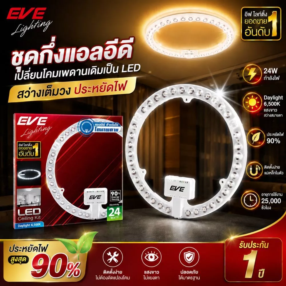 EVE ชุดแผงไฟแอลอีดี LED แบบกลม มีเลนส์กระจายแสง รุ่น TD ขนาด 14W 24W 36W แสงขาว แสงเหลือง