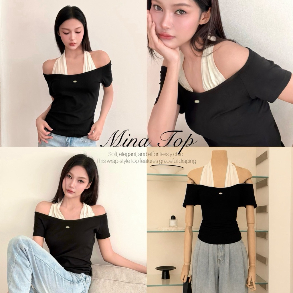 Meenny Closet | LK01 (Freesize) เสื้อปาดไหล่คล้องคอแขนสั้น