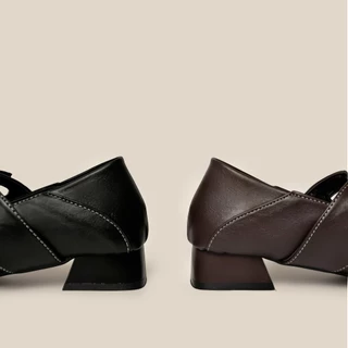 VONICA รองเท้าแมรี่เจนสไตล์วินเทจ หัวเหลี่ยมสายคู่ ส้น 1 นิ้ว หนังนิ่ม ใส่ประจำวัน