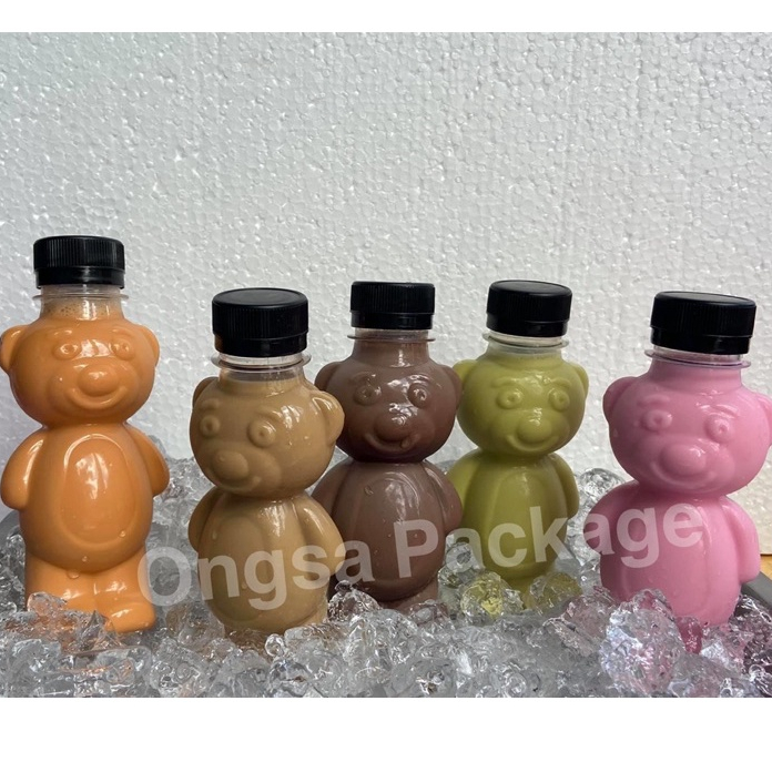 ขวดพลาสติก ขนาด 150 ml ทรงหมี ( 50 ใบ / 120 ใบ + พร้อมฝา เลือกสีฝาได้ ) ขวด บรรจุเครื่องดื่ม พลาสติกใส PET