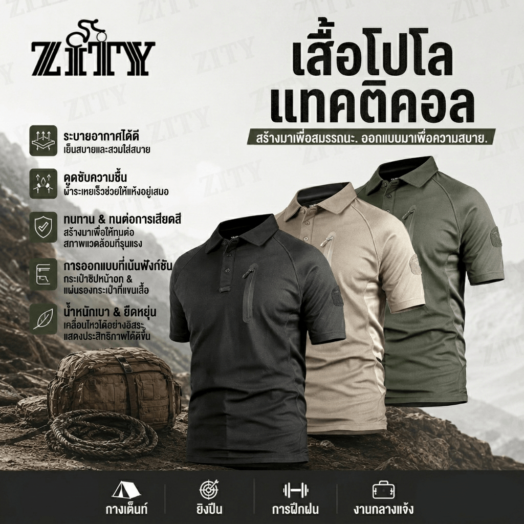 ZITY เสื้อโปโลผู้ชายสไตล์แทคติคอล ผ้าระบายอากาศ แห้งไว น้ำหนักเบา เหมาะสำหรับกิจกรรมกลางแจ้ง