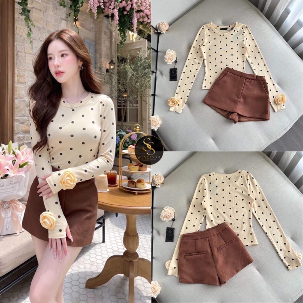 STYLISTA เซ็ตเสื้อแขนยาวลายจุด-กระโปรงกางเกงสีน้ำตาล