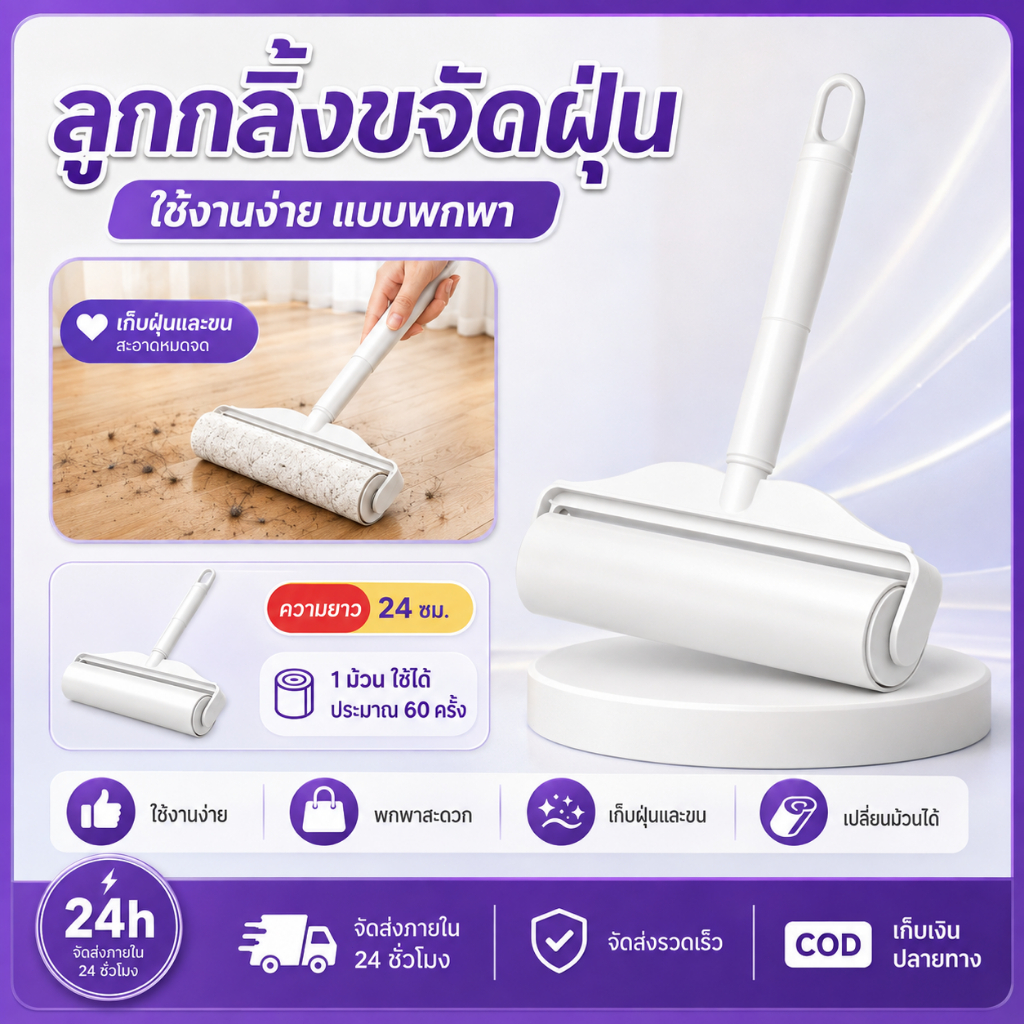 PETWELL ลูกกลิ้งเก็บฝุ่น เก็บขนสัตว์เลี้ยง เส้นผมและฝุ่น ด้ามยืดได้ 125 ซม. กระดาษกาวเหนียว ใช้งานสะดวก