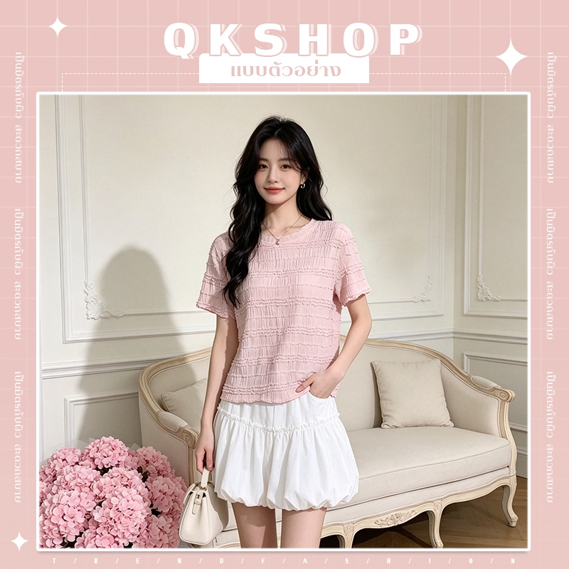 QKshop เสื้อสั้นผู้หญิงแขนสั้นคอกลม แต่งระบายลูกไม้ทั่วตัว ผ้านุ่มใส่สบายไม่อึดอัดฤดูร้อน เสื้อแฟชั่นผู้หญิง เสื้อผ้าทรง