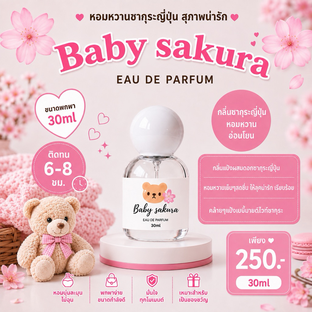 ( แพ็คเกจใหม่ ! ) 🎀— SUGAR BEAR :: น้ำหอมกลิ่น Baby sakura หอมกลิ่นซากุระญี่ปุ่น หอมหวานสดชื่น ขนาด 