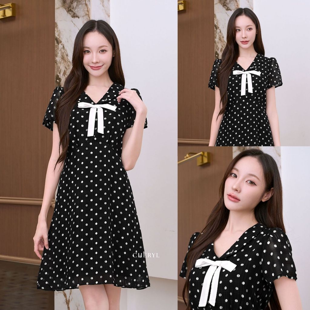 Cheryl brand - Poppy Moore Dress in Black Polka Dot / เดรสลายจุดโบว์หน้า
