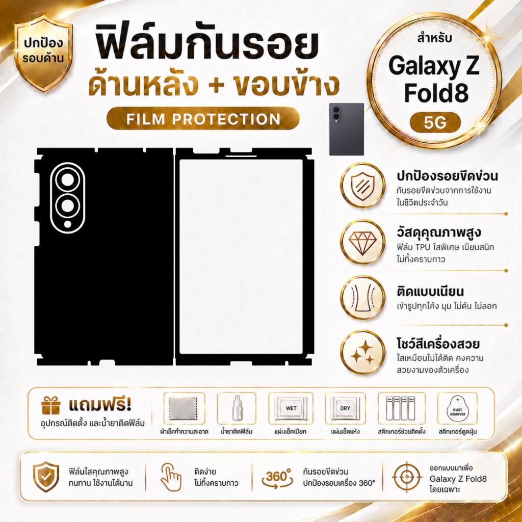 ฟิล์มกันรอยหลัง+ขอบ Samsung Galaxy Z Fold8 5G ตัดตรงรุ่น 1 แถม 1