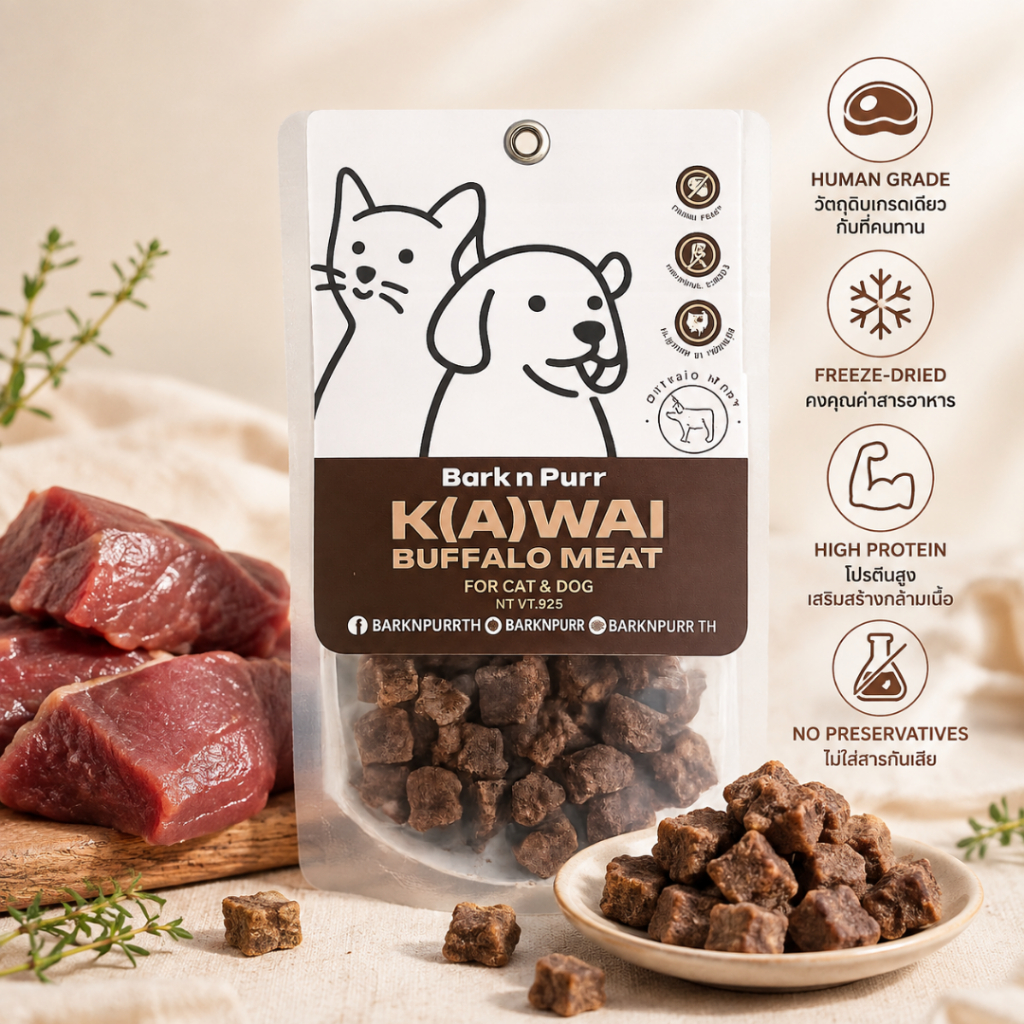 BarknPurr ฟรีซดรายเนื้อควาย K(A)WAI Buffalo Meat ขนมสุนัขและแมว Freeze-Dried Buffalo Meat Human Grade 30g
