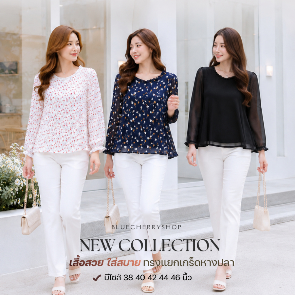 เสื้อสาวอวบ ผ้าชีฟองเนื้อทราย คุกกี้ ใส่สบาย แบรนด์ Bluecherry มีไซส์ 38 40 42 44 46 นิ้ว