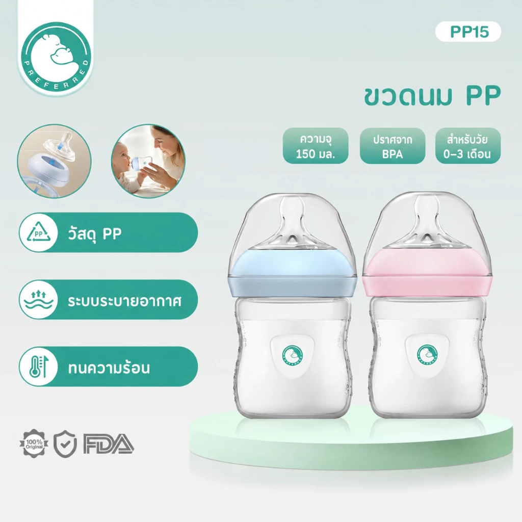 Preferred ขวดนมเด็กคอกว้าง Anti-Colic ป้องกันอากาศเข้า กันสำลัก 5oz/11oz ปลอดภัย Food Grade PP15/24/33