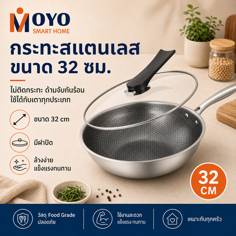 กระทะรังผึ้ง 32cm กระทะทำอาหาร กระทะทอดไม่ติดกระทะ สแตนเลส304 ใช้กับเตาไฟฟ้าได้ ใช้น้ำมันน้อย
